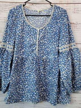 Max Studio White Blue Floral Long Sleeve Peasant Tunic Size Large
